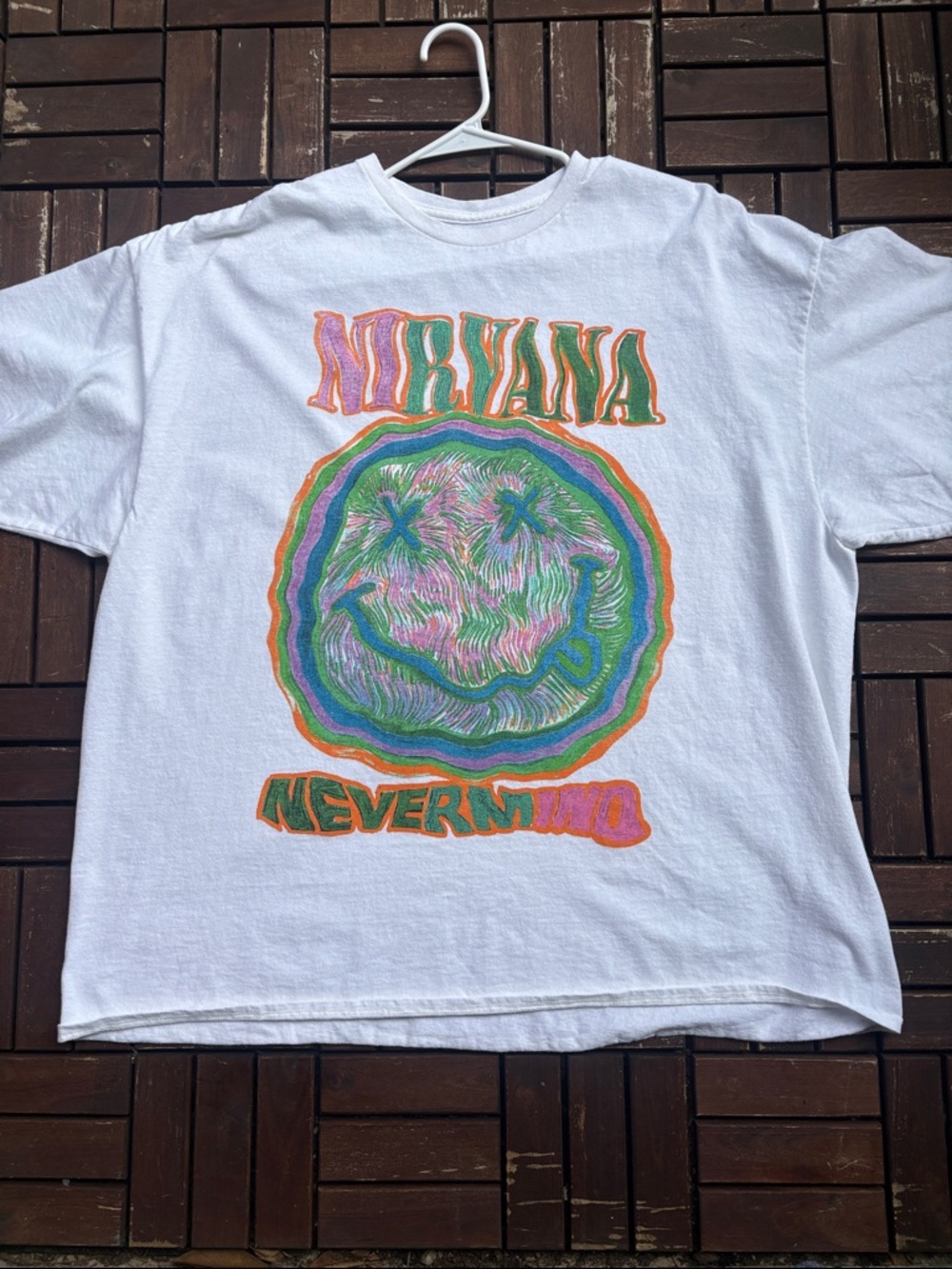 NIRVANA White Tee with Neon Green, Pink, Orange & Blue Smiley Graphic